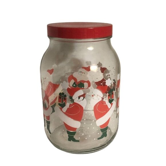 Vtg ANCHOR HOCKING 96oz Santa Glass Christmas/Xmas Red Plastic Lid Storage Jar - Picture 1 of 7